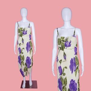 1990s-Y2K AMERICAN ANGEL  Yellow ROSE Print Asymmetrical Adjustable Dress. Med.